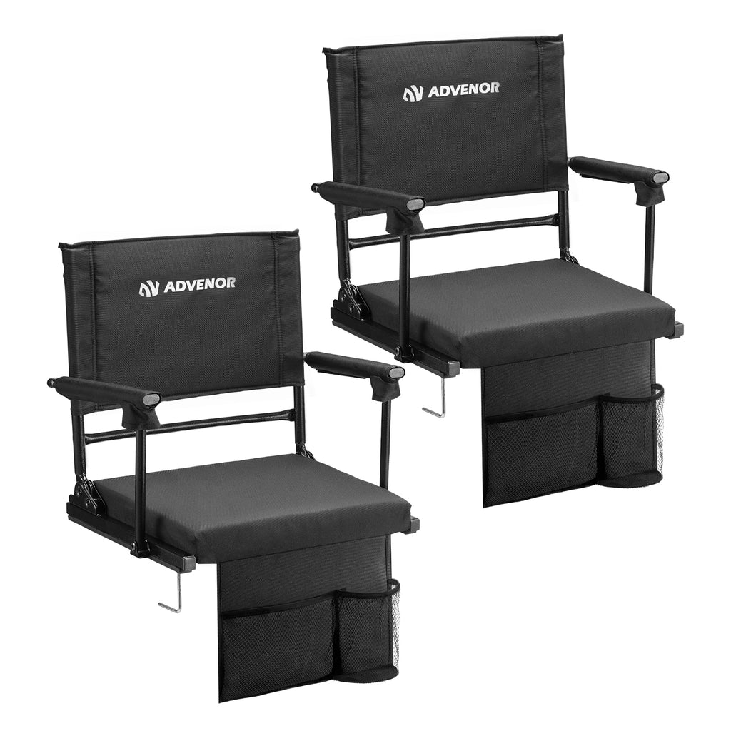 ADVENOR Portable Stadium Seat with Back Support for Bleacher -2 Pack, Adjuatble 6 Reclining Position,  2 Pockets Thick Padded Cushion Ideal for Basketball Soccer Sport Events(2, Black, Regular)