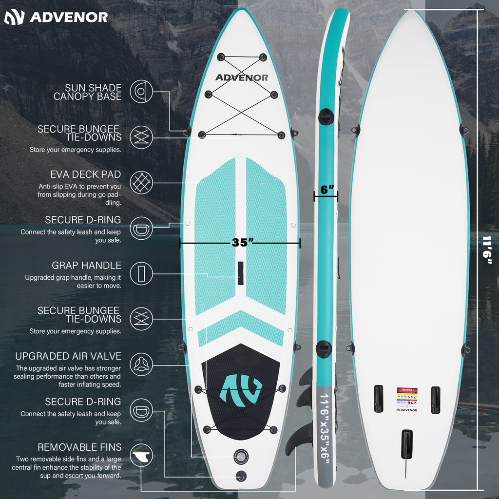 ADVENOR Paddle Board 11'6"x35x6 Super Wide Inflatable Stand Up Paddle Board with Sun Shade Canopy,Double Blade Paddle,Hand Pump,Satefy Leash,Backpack and Waterproof Bag, Perfect for Family and Fishing