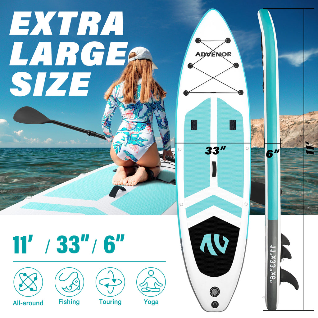 ADVENOR Paddle Board 11'x33 x6 Extra Wide Inflatable Stand Up Paddle Board with Hand Pump,Leash, Adjustable Paddle For Basic Version, Extra Kayak Paddle Kayak Seat 2 Fishing Mounts For Fishing Version