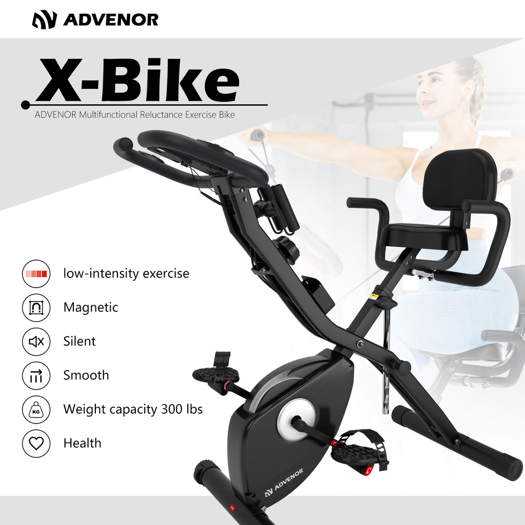 ADVENOR Exercise Bike Magnetic Bike Fitness Bike Cycle Folding Stationary Bike Arm Resistance Band With Arm Workout Backrest Extra-Large Seat Cushion Indoor Home Use