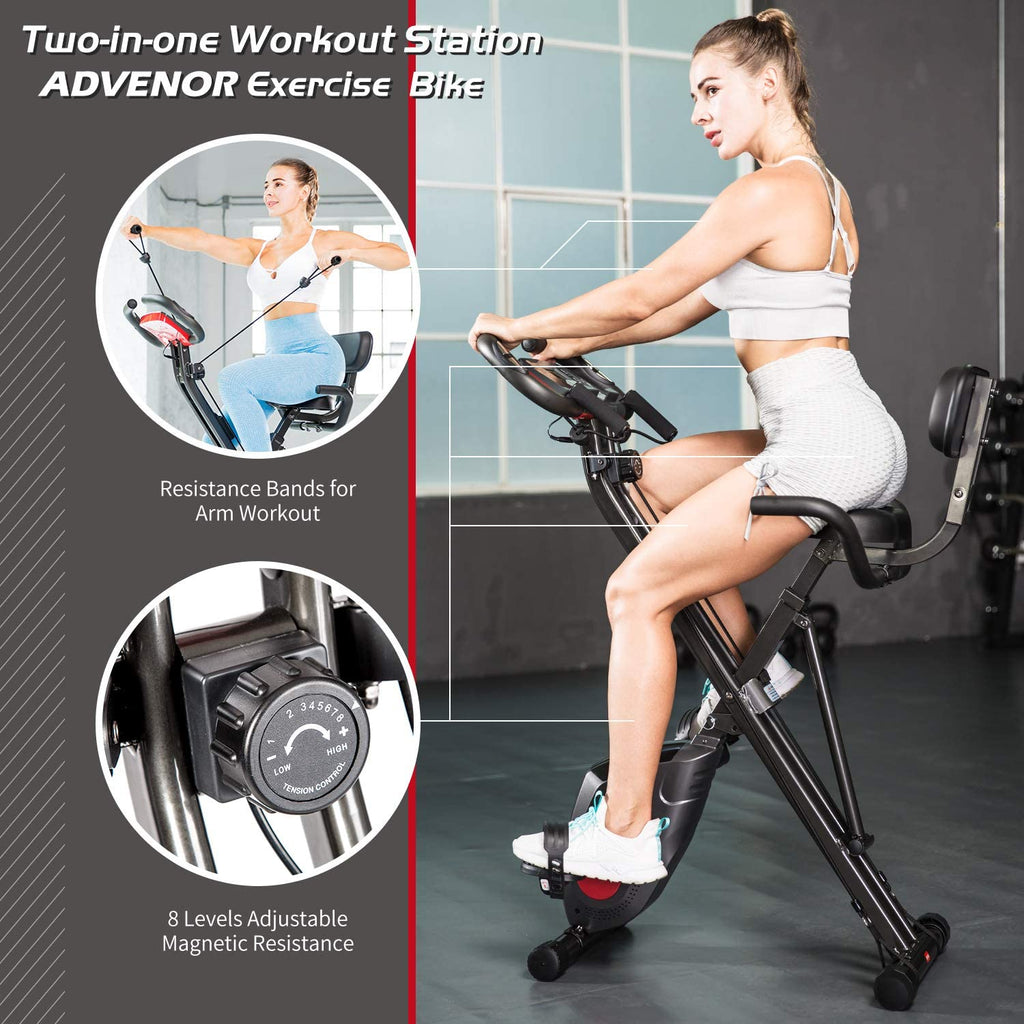 ADVENOR Exercise Bike Magnetic Bike Fitness Bike Cycle Folding Stationary Bike Arm Resistance Band With Arm Workout Backrest Extra-Large Seat Cushion Indoor Home Use