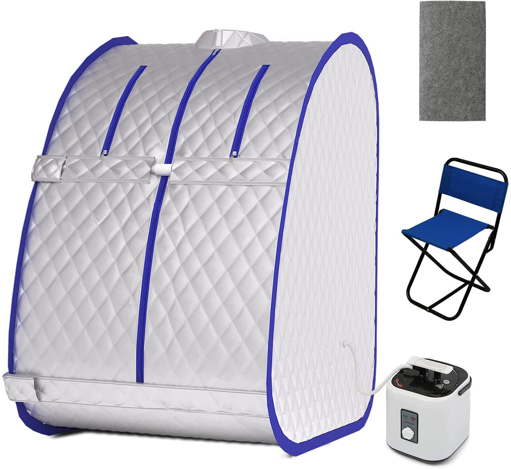 ADVENOR Lightweight Portable Personal Steam Sauna Spa for Recovery Wellness，Detox, Relaxation at Home, 60 Minute Timer, 800 Watt Steam Generator, Including Chair, Steam pad(Silver+Blue)