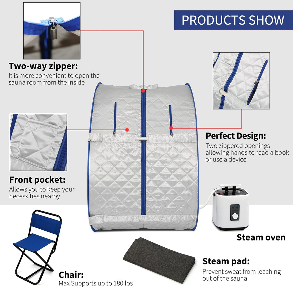 ADVENOR Lightweight Portable Personal Steam Sauna Spa for Recovery Wellness，Detox, Relaxation at Home, 60 Minute Timer, 800 Watt Steam Generator, Including Chair, Steam pad(Silver+Blue)